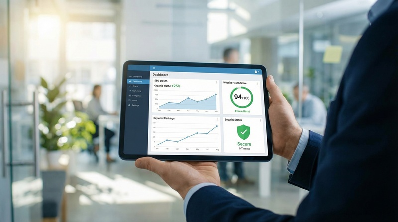 Dashboard theo dõi hiệu suất website: SEO growth, health score, security status