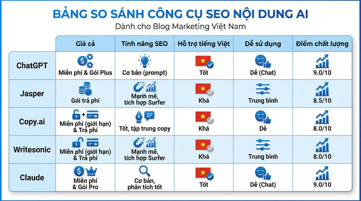 Bảng so sánh công cụ AI viết content SEO