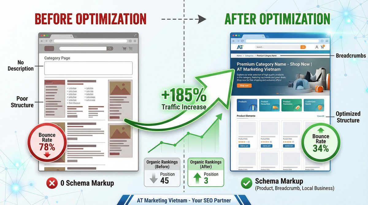 Kết quả tối ưu trang danh mục: bounce rate 78% xuống 34%