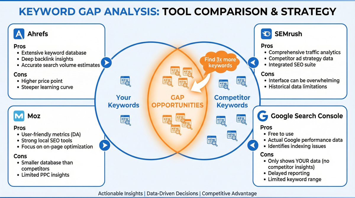 So sánh 4 công cụ phân tích keyword gap: Ahrefs, SEMrush, Moz, GSC