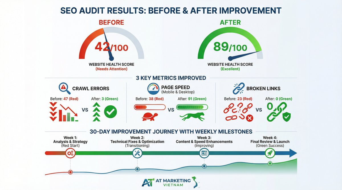 Kết quả SEO Audit trước và sau: điểm sức khỏe website từ 42 lên 89