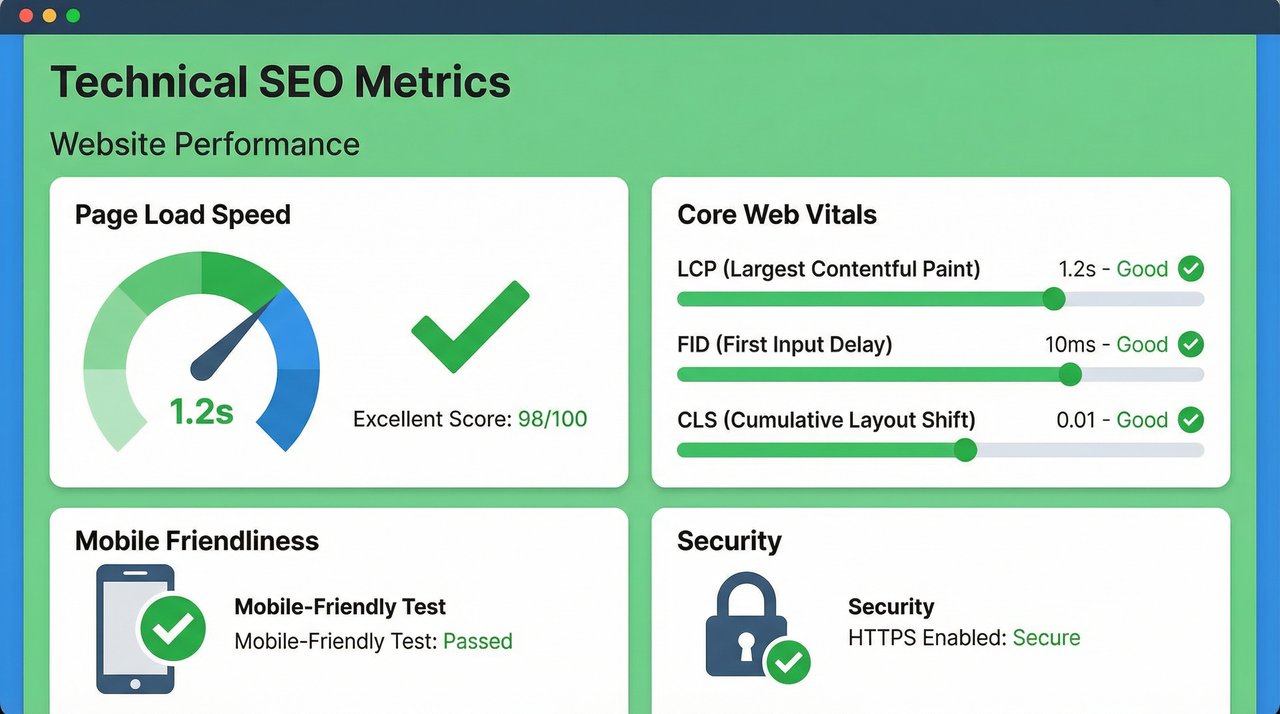Technical SEO metrics - Core Web Vitals, Page Speed, Mobile Friendliness