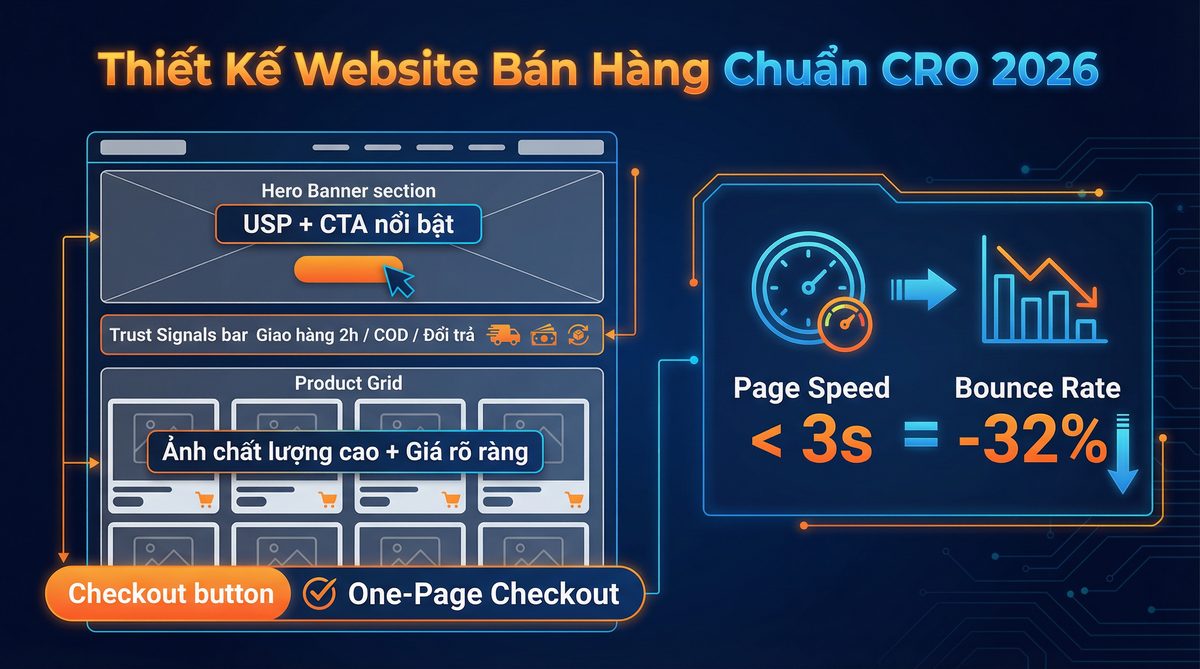 Thiết Kế Website Bán Hàng Chuẩn CRO 2026 - Hero Banner, Trust Signals, One-Page Checkout