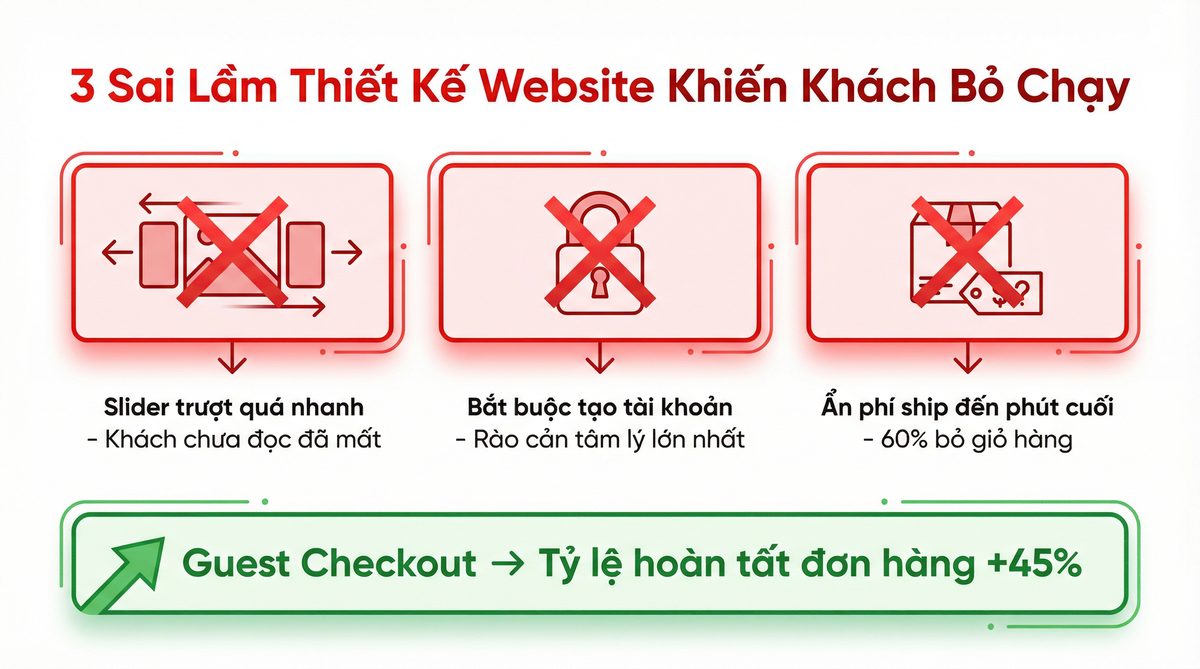 3 Sai Lầm Thiết Kế Website Khiến Khách Bỏ Chạy - Guest Checkout tăng 45% đơn hàng