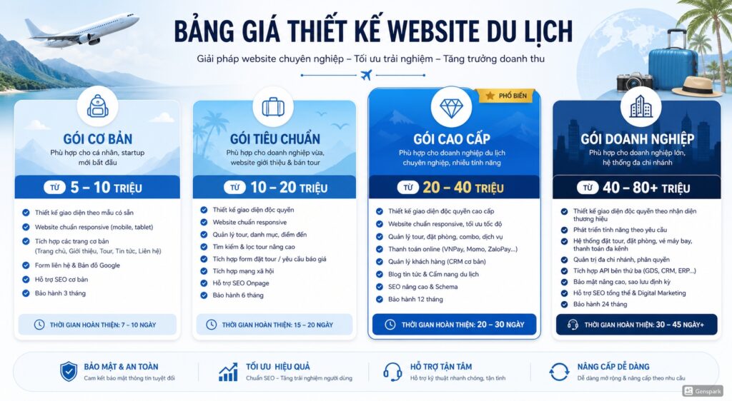 Bảng giá các gói thiết kế website du lịch