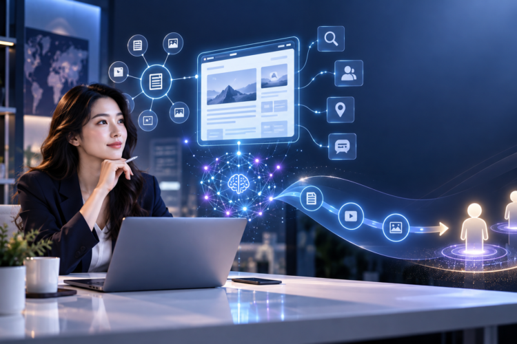 Minh họa AIO trong marketing với chuyên gia marketing, website và mạng AI
