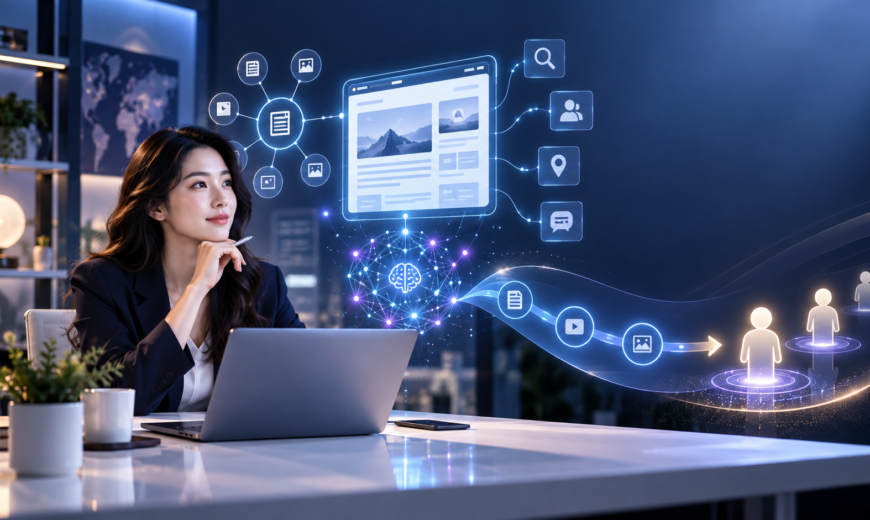 Minh họa AIO trong marketing với chuyên gia marketing, website và mạng AI
