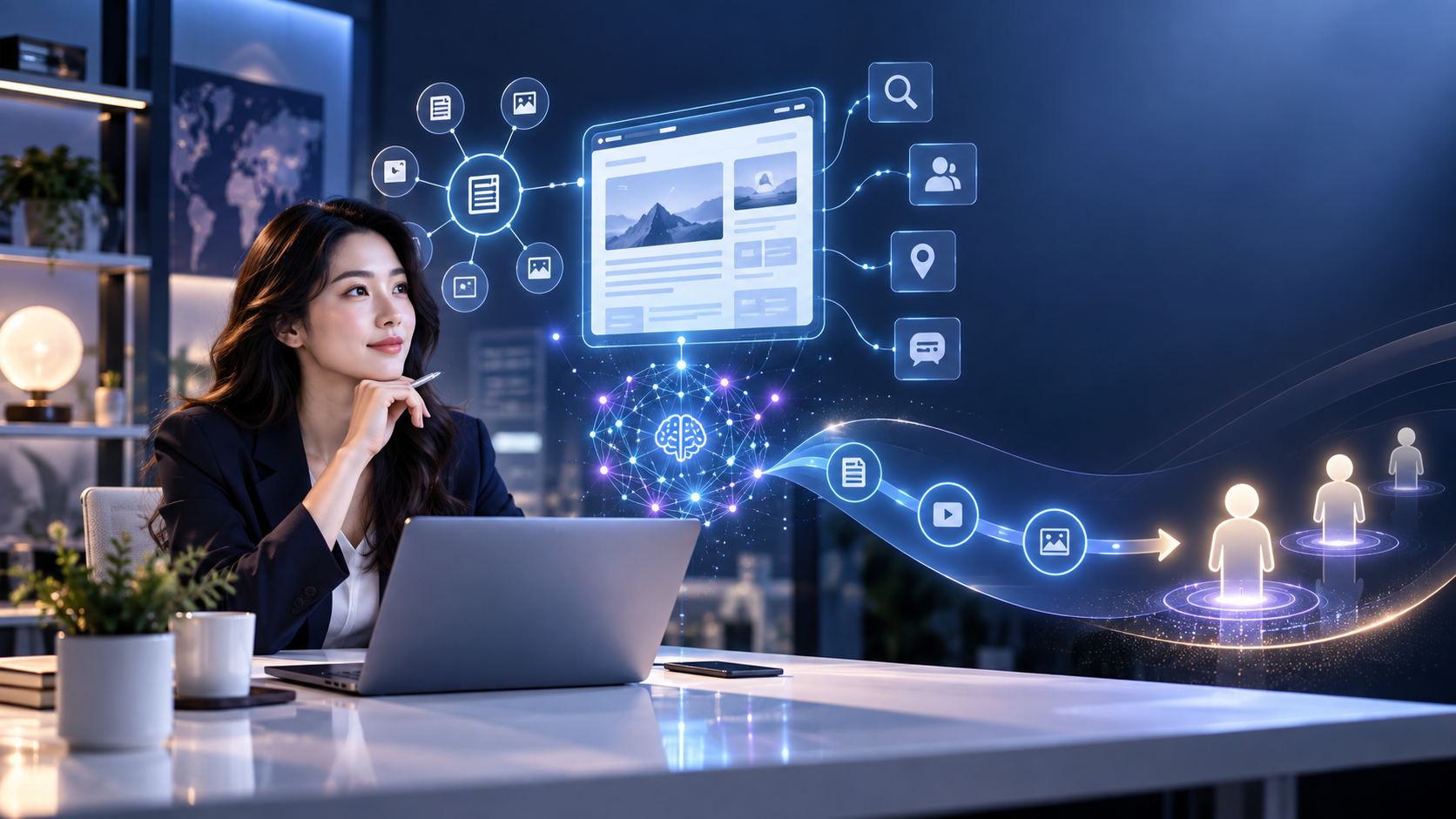 Minh họa AIO trong marketing với chuyên gia marketing, website và mạng AI
