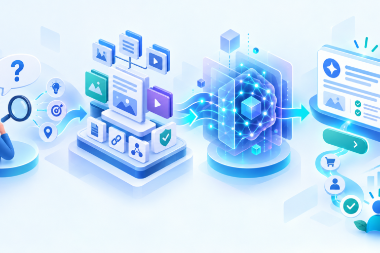 Minh họa quy trình AIO trong marketing từ ý định tìm kiếm đến câu trả lời AI