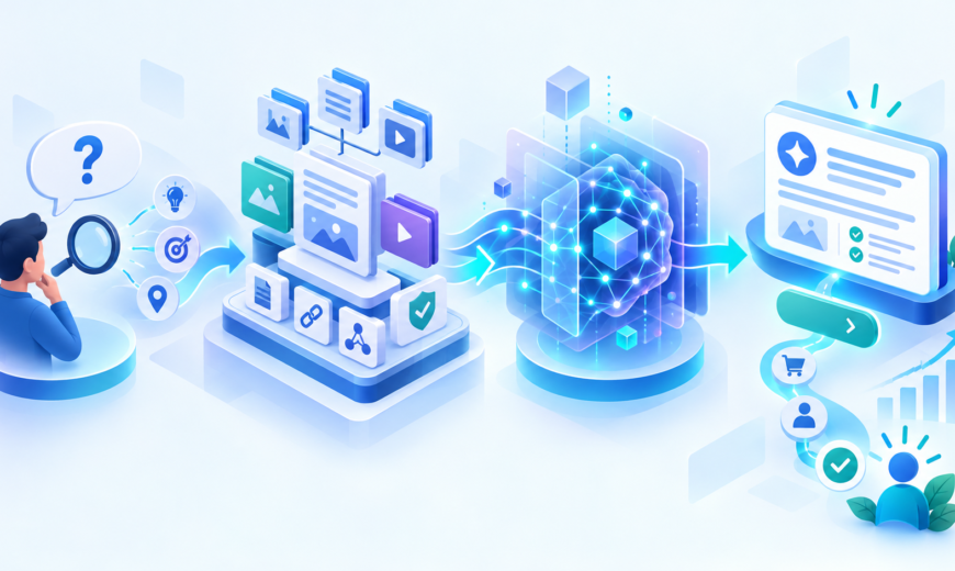 Minh họa quy trình AIO trong marketing từ ý định tìm kiếm đến câu trả lời AI