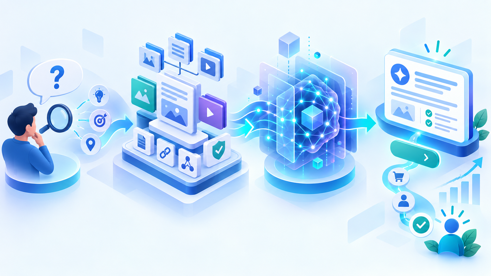 Minh họa quy trình AIO trong marketing từ ý định tìm kiếm đến câu trả lời AI