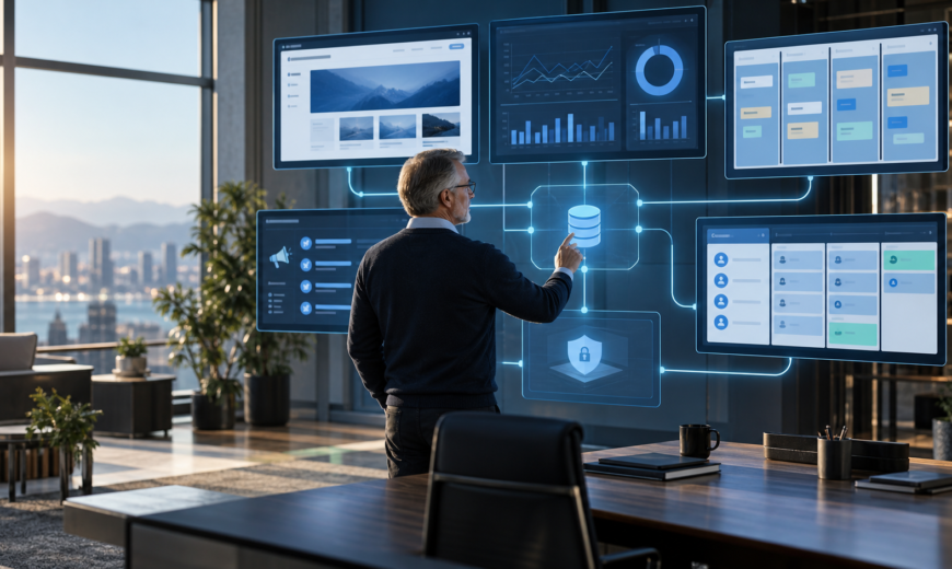 Ảnh minh họa hạ tầng digital marketing kết nối website, dữ liệu và CRM