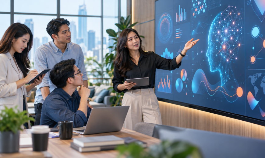 Ảnh minh họa đội ngũ marketing phân tích dữ liệu bằng AI