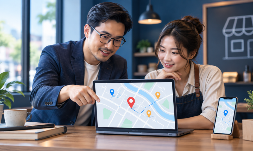 Ảnh minh họa chuyên gia SEO và chủ doanh nghiệp kiểm tra bản đồ địa phương trên máy tính và điện thoại