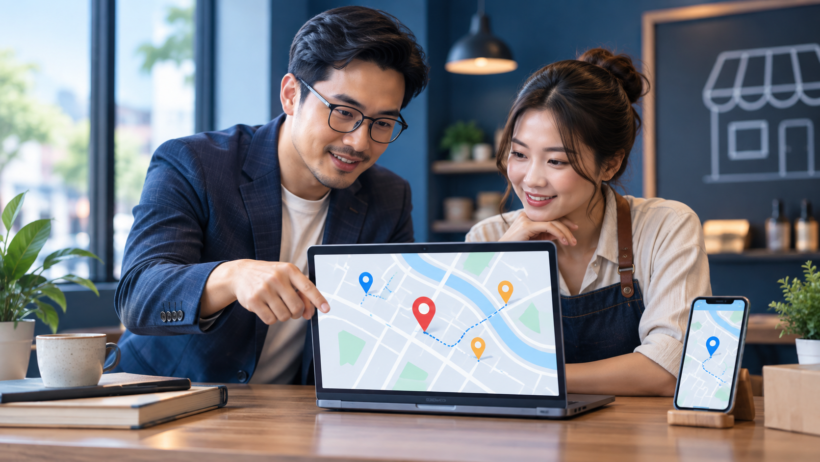 Ảnh minh họa chuyên gia SEO và chủ doanh nghiệp kiểm tra bản đồ địa phương trên máy tính và điện thoại