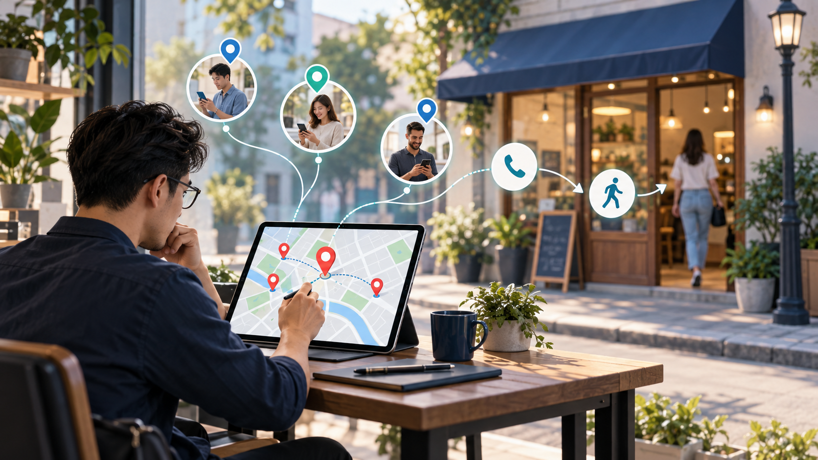 Ảnh minh họa quy trình Local SEO kết nối bản đồ, địa điểm và cuộc gọi khách hàng