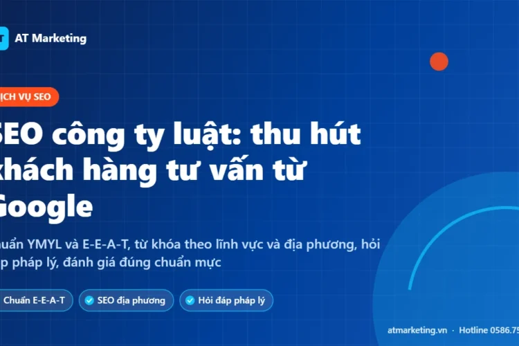Ảnh bìa dịch vụ SEO công ty luật: E-E-A-T, từ khóa theo lĩnh vực và địa phương, hỏi đáp pháp lý, Google Business
