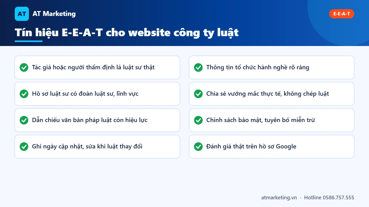 Checklist tín hiệu E-E-A-T giúp SEO văn phòng luật sư: tác giả là luật sư, hồ sơ, dẫn chiếu văn bản, ngày cập nhật