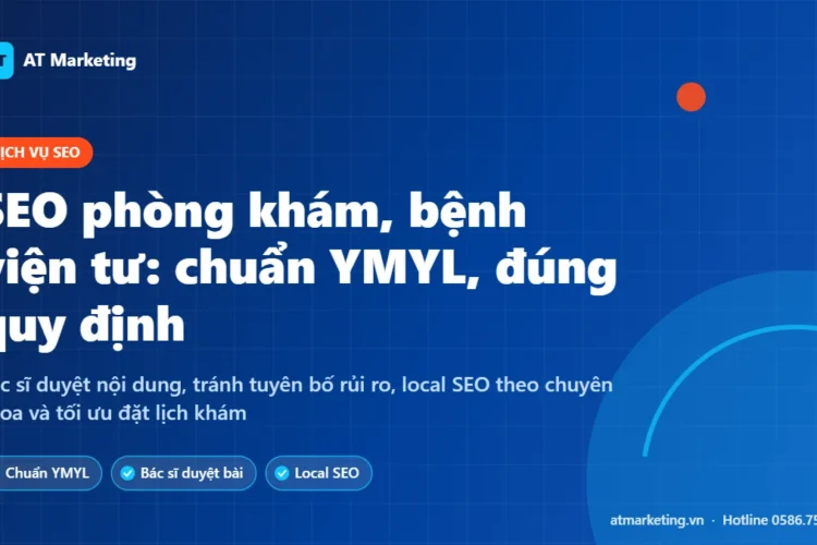 Ảnh bìa dịch vụ SEO phòng khám, bệnh viện tư chuẩn YMYL và quy định quảng cáo y tế của AT Marketing