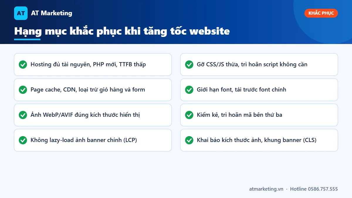 Checklist hạng mục tăng tốc website: hosting, cache, CDN, ảnh, CSS/JS, font và mã bên thứ ba