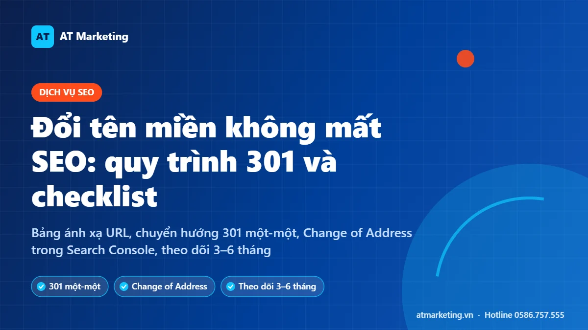 Ảnh bìa hướng dẫn đổi tên miền không mất SEO với quy trình chuyển hướng 301 và checklist sau chuyển