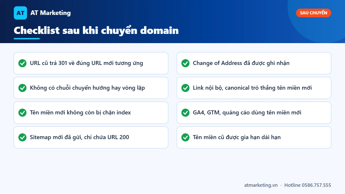 Checklist sau khi chuyển domain không mất SEO: 301, chuỗi chuyển hướng, index, sitemap, canonical, gia hạn tên miền cũ