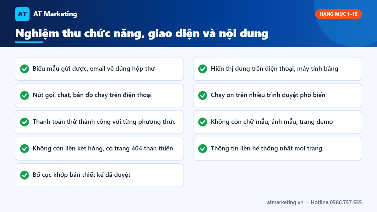 Checklist nghiệm thu website phần chức năng, giao diện và nội dung: biểu mẫu, thanh toán, hiển thị, nội dung mẫu