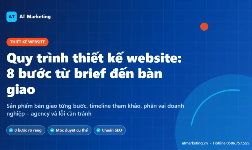 Ảnh bìa quy trình thiết kế website chuyên nghiệp 8 bước từ brief đến bàn giao của AT Marketing