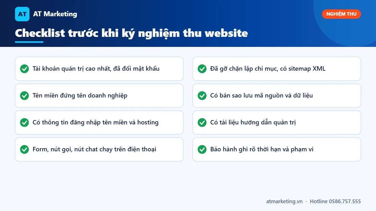 Checklist nghiệm thu cuối quy trình thiết kế website: tài khoản, tên miền, biểu mẫu, sitemap, sao lưu, bảo hành