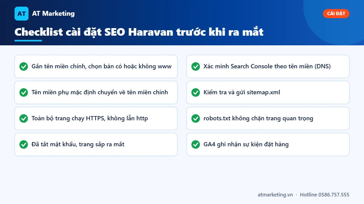 Checklist cài đặt SEO Haravan: tên miền chính, HTTPS, Search Console, sitemap, robots.txt và GA4