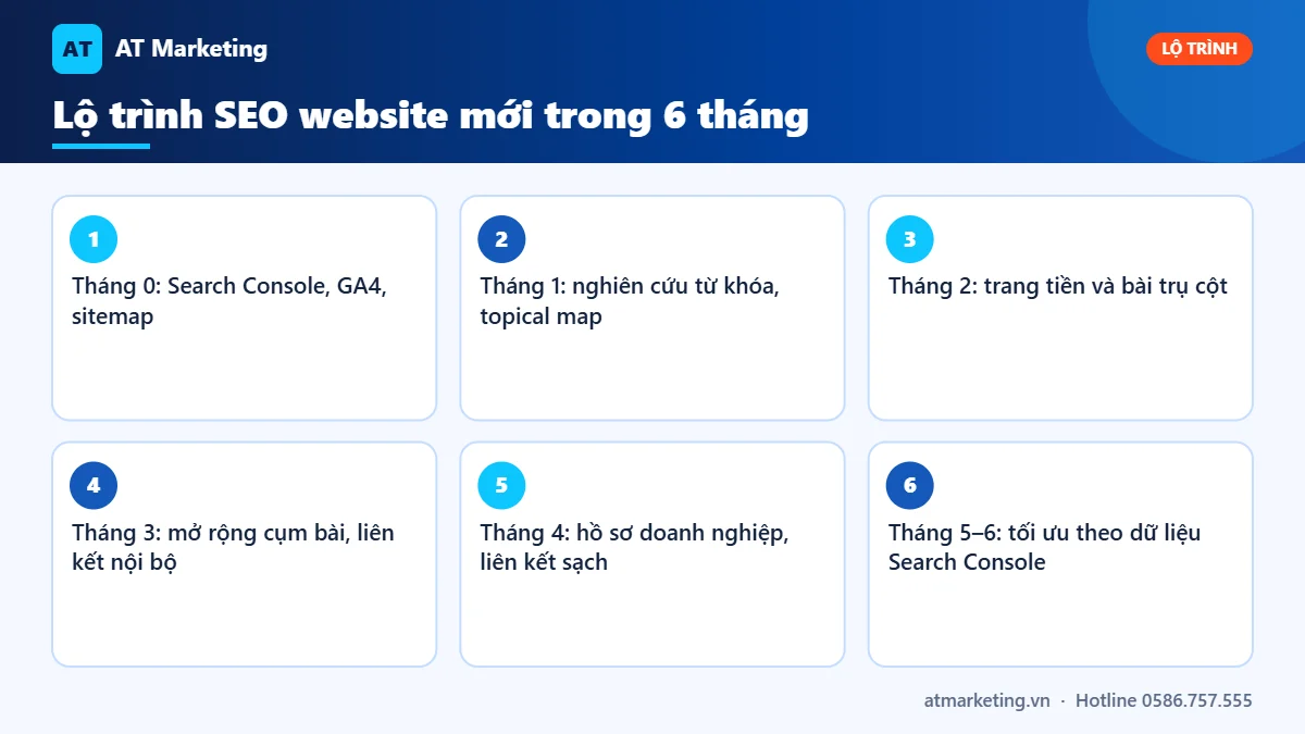 Infographic lộ trình SEO website mới 6 tháng từ thiết lập kỹ thuật, nội dung đến tối ưu theo dữ liệu