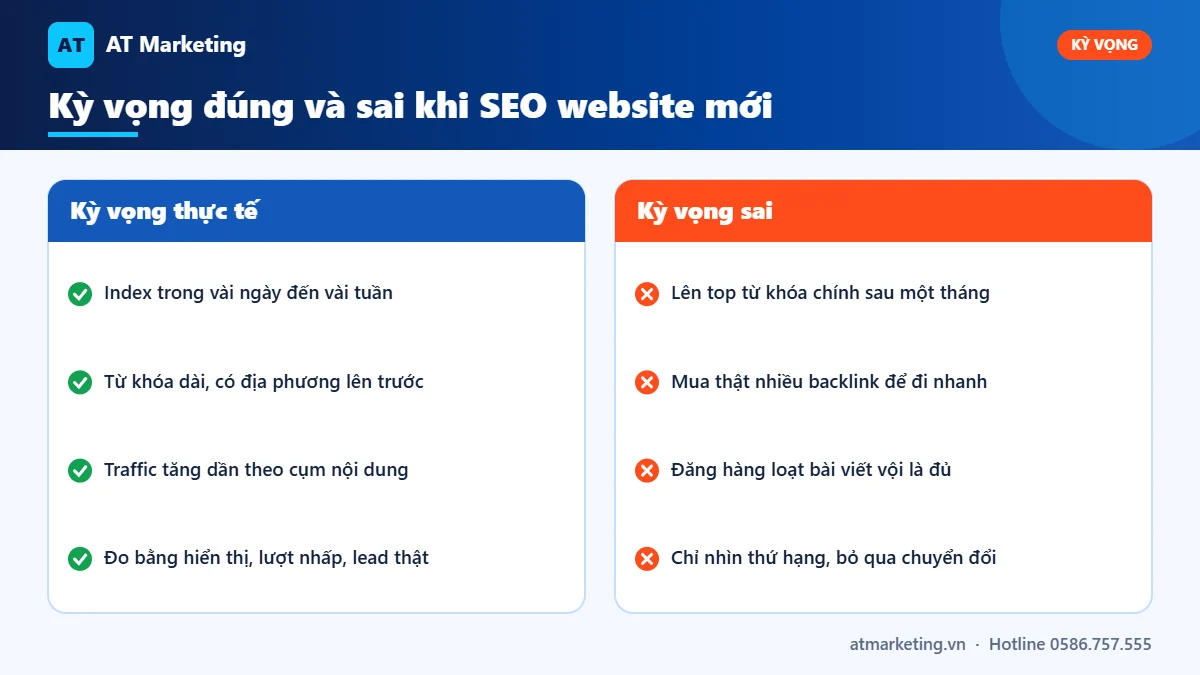 So sánh kỳ vọng thực tế và kỳ vọng sai khi làm SEO cho web mới về thời gian index, từ khóa và backlink