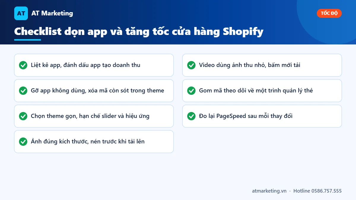 Checklist tối ưu SEO Shopify về tốc độ: dọn app, gỡ mã thừa, theme gọn, nén ảnh, gom mã theo dõi