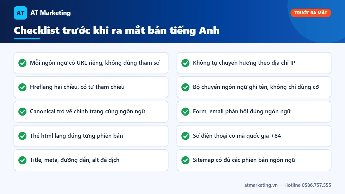 Checklist kỹ thuật và trải nghiệm trước khi ra mắt website song ngữ: URL, hreflang, canonical, lang, form, sitemap