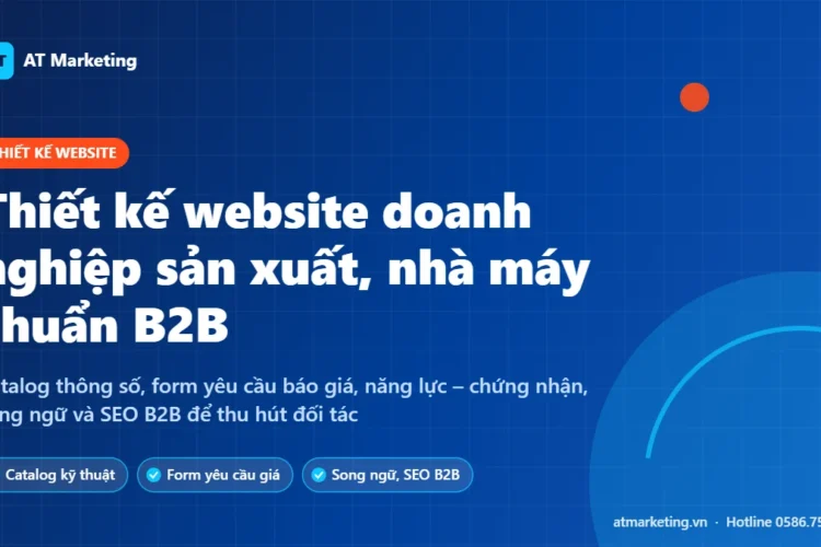 Ảnh bìa thiết kế website doanh nghiệp sản xuất, nhà máy chuẩn B2B: catalog, form báo giá, song ngữ, SEO