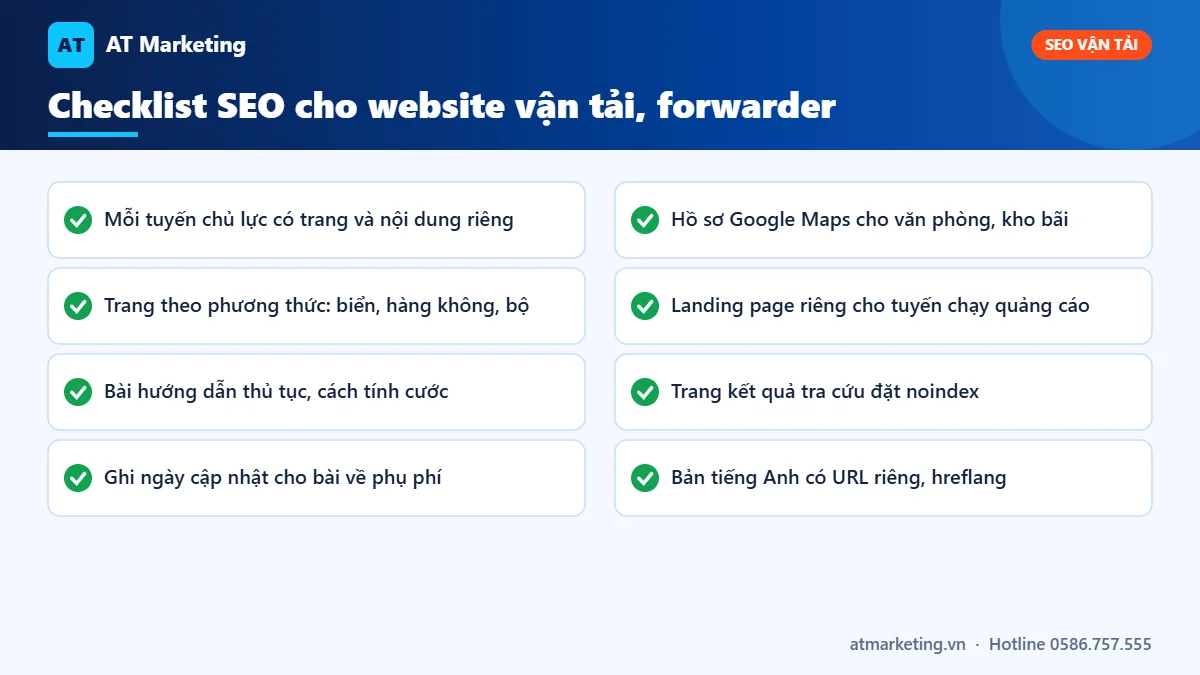 Checklist SEO cho website vận tải, forwarder: trang tuyến, bài thủ tục, Google Maps, landing page, noindex, hreflang