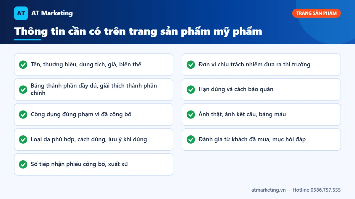 Checklist thông tin trên trang sản phẩm website bán mỹ phẩm: thành phần, công dụng, số công bố, cách dùng, đánh giá