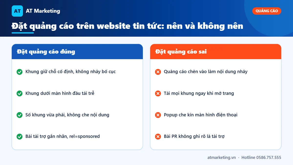 So sánh cách đặt quảng cáo đúng và sai trên website tin tức: giữ chỗ khung, tải trễ, popup, nhãn tài trợ